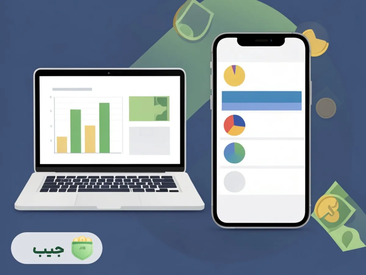 نمایش موکاپ موبایل و دسکتاپ برنامه جیب با صفحات تراکنش، بودجه، گزارش و دارایی